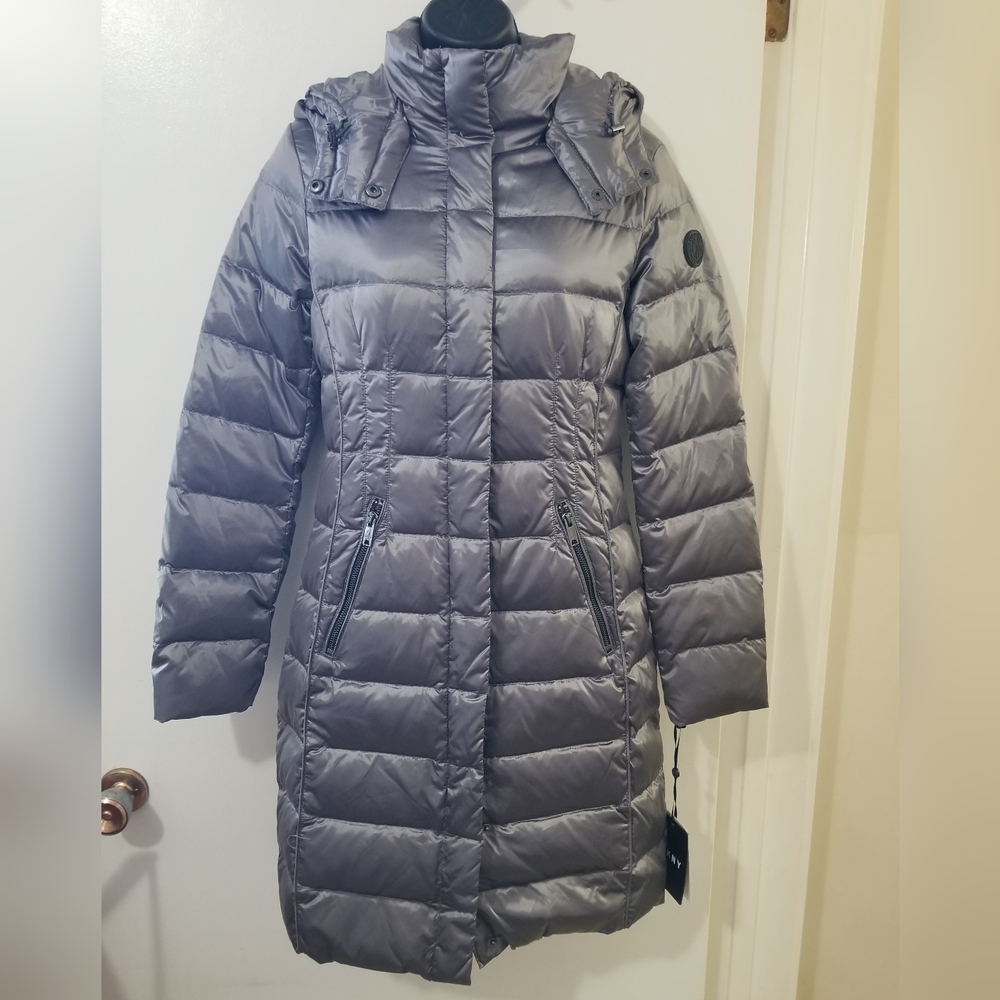 DKNY Duck Down Puffer Coat Metallic Silver XS NWT